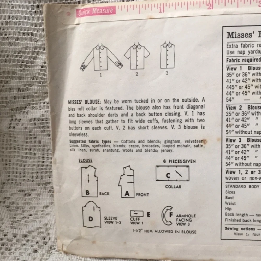 1960s sewing pattern, top with bias rolled collar, Simplicity 5563, bust 34”